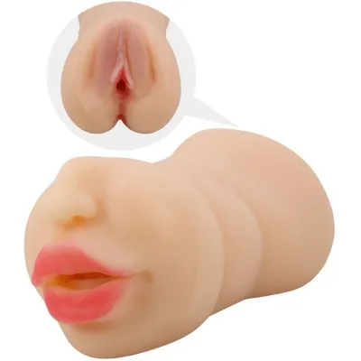 Sex toy in the shape of a torso with lips and a close-up of the intimate area.