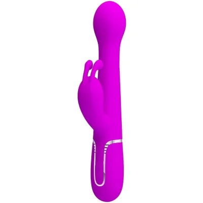 Purple vibrator with bunny ear design, ergonomically shaped, with controls on the handle.
