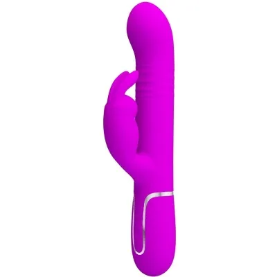 Lila Vibrator mit gebogenem Schaft und klitoraler Stimulation, seitliche Ansicht.