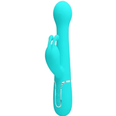 Turquoise vibrator with bunny ear design and controls on the handle.