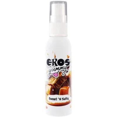 Sprühflasche mit der Aufschrift "EROS Yummy Sweet 'N Salty" und Abbildung von Karamellstücken.