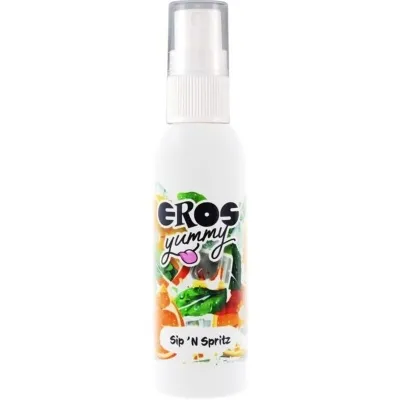 White spray bottle with the inscription "EROS yummy Sip 'N Spritz" and colorful fruit design.
