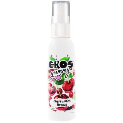 White spray bottle with cherry and mint design, inscription: "Eros Yummy Cherry Mint Breeze".