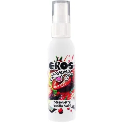 White spray bottle with the inscription "EROS yummy Strawberry Vanilla Swirl" and a colorful fruit motif.