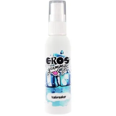 White spray bottle with the inscription "Eros Yummy Icebreaker" and blue ice cube illustrations.