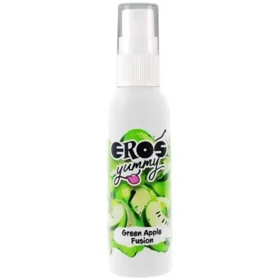 Spray bottle with a green apple motif and the inscription "EROS yummy Green Apple Fusion".
