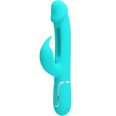 Turquoise vibrator with clitoral stimulator and controls on the handle.
