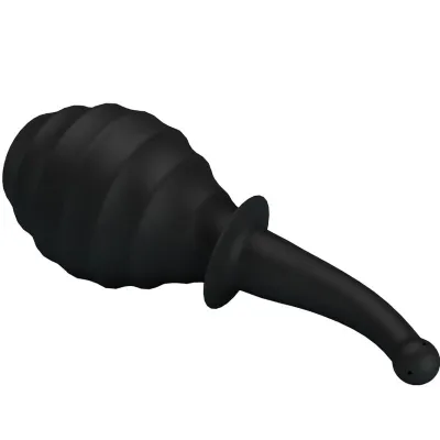Black, ribbed rubber pump with a long, narrow spout, on a white background.