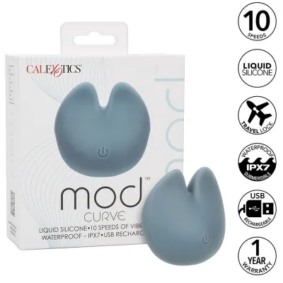 Blue vibrator "Mod Curve" by CalExotics, 10 speeds, waterproof, USB rechargeable, with packaging and symbols.