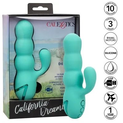 Türkises Massagegerät in Verpackung, mit Funktionen und Eigenschaften wie wasserdicht, USB-aufladbar und Silikonmaterial.