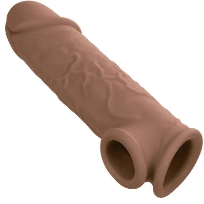 Brown, textured silicone attachment in a cylindrical shape with two openings.