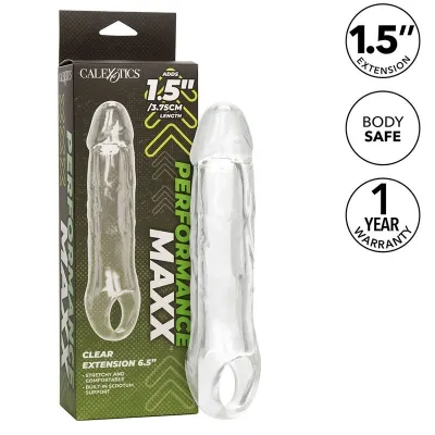 Packaging and transparent penis attachment "Performance Maxx" with 1.5 inch extension, body-friendly, 1 year warranty.
