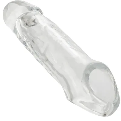 Clear glass dildo with a textured surface and rounded tip.