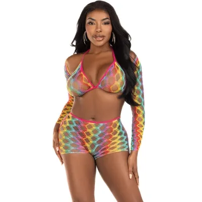 Woman in colorful mesh clothing with a geometric pattern, smiling and wearing large earrings.