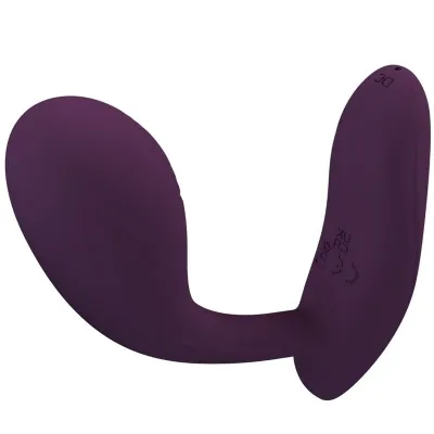 Purple, curved silicone sex toy with two ends, one larger, one smaller, on a white background.