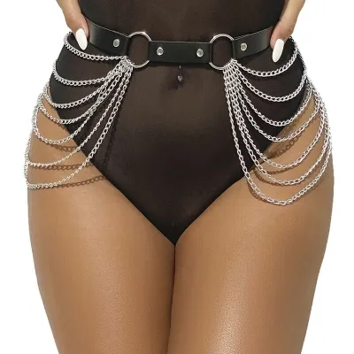 Woman wearing black bodysuit with chain embellishment and belt.