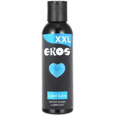 Schwarze Flasche mit blauem Herz, Aufschrift "XXL Eros Light Love", wasserbasiertes Gleitmittel.