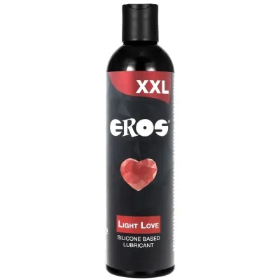Black bottle with red label, inscription "XXL EROS Light Love", silicone-based lubricant, heart symbol.