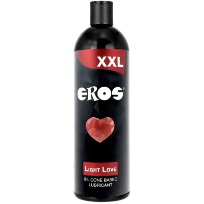 Black bottle of Eros XXL Light Love silicone lubricant with a red heart on the label.