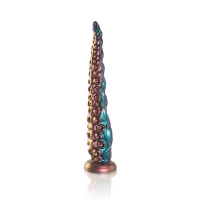 A colorful, spiral-shaped object with suction cups, resembling a tentacle, on a white background.