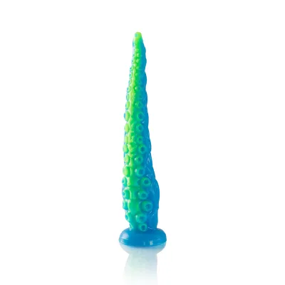 Blue-green, tentacle-like object with suction cups, standing upright on a white background.