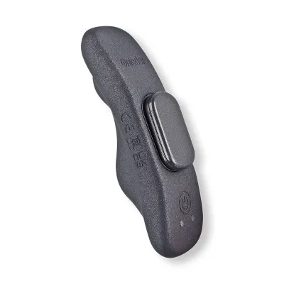 Black, ergonomic device with button and LED indicators, lying on its side.