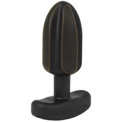Black, oval device with yellow lines and a T-shaped handle, standing upright.