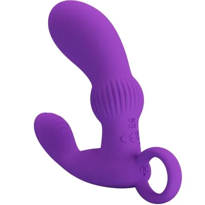 Lila, gebogenes Silikon-Sextoy mit strukturierten Details und einem Ringgriff am Ende.