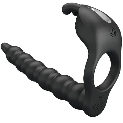 Black, ribbed sex toy with ergonomic handle and on/off button.
