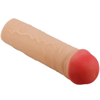 Ein hautfarbener Dildo mit roten Details an der Spitze, realistische Textur.