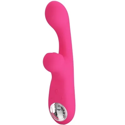 Pink vibrator with curved tip and clitoral stimulator, controls on the handle.