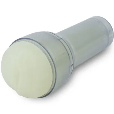 Transparent plastic casing with a cream-colored, round tip, similar to a flashlight.