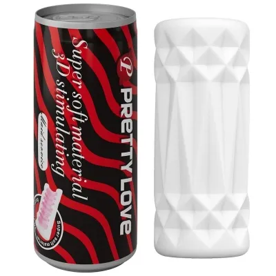Black can with a red pattern and a white, textured cylinder next to it. Text: "Super-soft material, 3D stimulating".