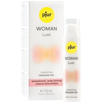 Pjur Woman Lust Vibrating Orgasm Gel, 15ml bottle and packaging, for long-lasting clitoral stimulation.