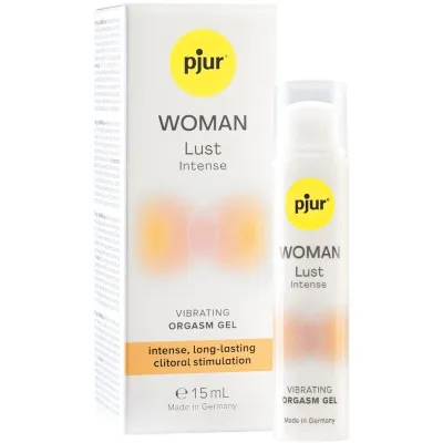 Pjur Woman Lust Intense Gel, 15 mL, for long-lasting clitoral stimulation, packaging and bottle shown.