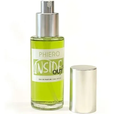 Green perfume bottle with silver spray head and removed cap, label: "Phiero Inside Out".