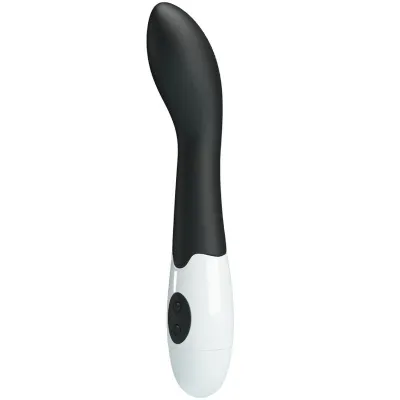 Schwarzer und weißer Vibrator mit gebogener Spitze und zwei Knöpfen am Griff.