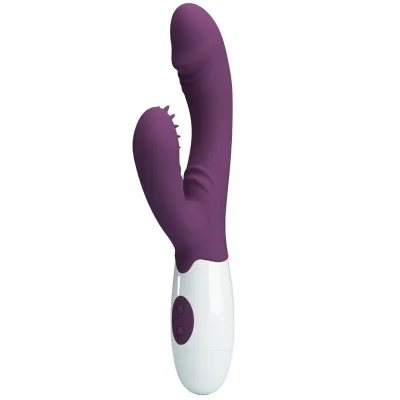 Lila Vibrator mit zwei Armen und weißem Griff, zwei Knöpfe sichtbar.