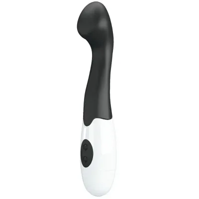 Black and white vibrator with a curved head and two buttons.