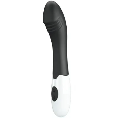 Black and white vibrator with a curved design and two buttons on the handle.