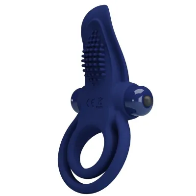 Blue silicone ring with textured top and two side balls, suitable for intimate applications.