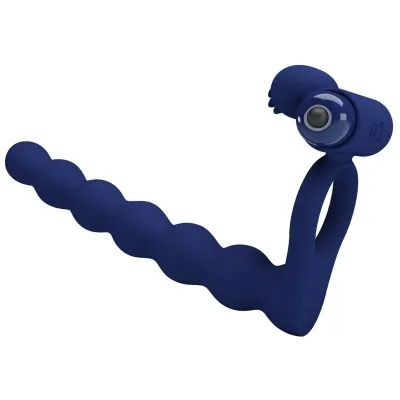 Blue, wavy silicone toy with a flexible handle and round head.