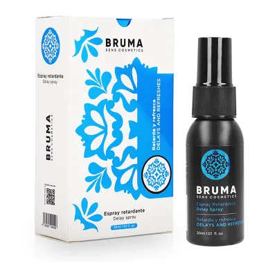 Bruma Sens Cosmetics Delay Spray, 30 ml bottle next to decorative packaging with blue pattern.