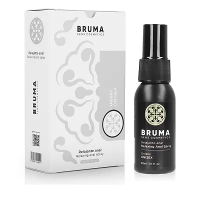 Black bottle and white packaging of Bruma Sens Cosmetics Relaxing Anal Spray, 30 ml, unisex.