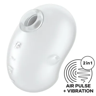 Weißes 2-in-1-Gerät mit Luftimpuls und Vibration, abgerundetes Design, Symbol für Luftimpuls und Vibration.