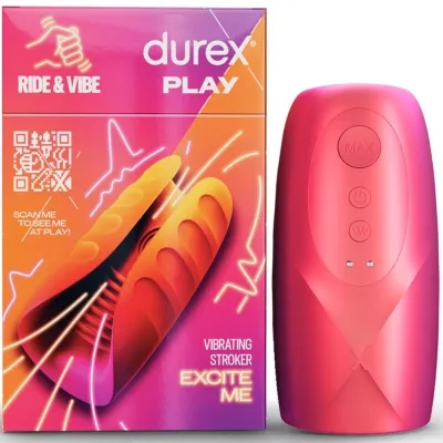 Red packaging and device from Durex Play, Vibrating Stroker "Excite Me", with QR code and controls.