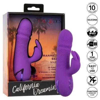 Lila Vibrator in Verpackung mit Palmenmotiv, 10 Funktionen, wasserdicht, USB-aufladbar, 1 Jahr Garantie.