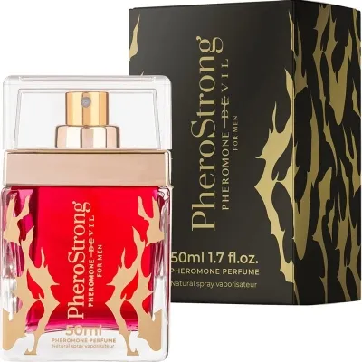 Red PheroStrong perfume bottle with golden flames, next to it black packaging with golden patterns.