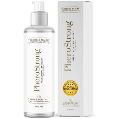 PheroStrong massage oil with pheromones for women, 100 ml bottle and packaging, "Exciting Touch" inscription.