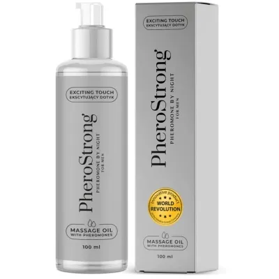 Bottle and packaging of PheroStrong massage oil with pheromones, 100 ml, for men.